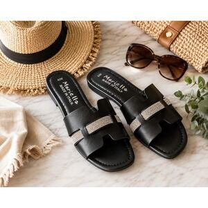 Mariella Black Leather Slide Sandals Women's Size 6.5 7 Rhinestone Slip On